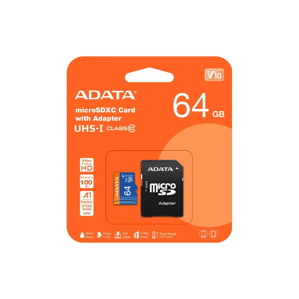 Tarjeta De Memoria Adata Premier Microsdxc 64GB Uhs-i U1 A1 V10 100mb/s C/adaptador